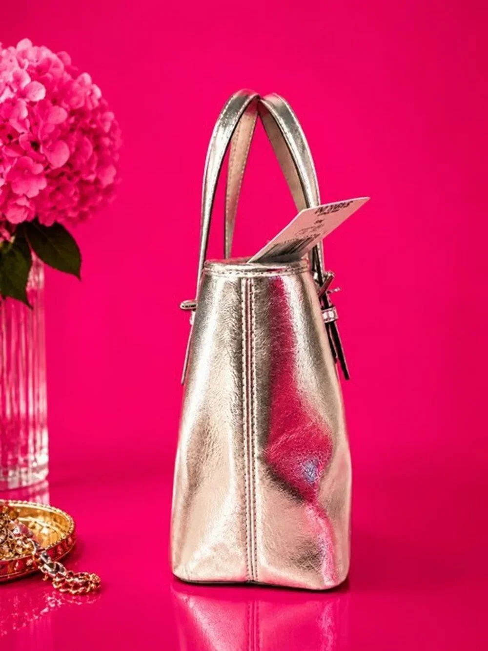 NWT Michael Kors Jet Set Silver Metallic Carryall Top Zip Bag